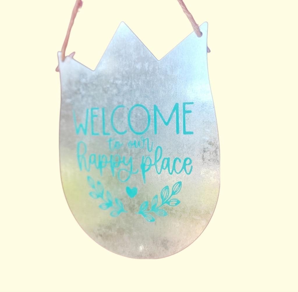 Galvanized Steel Tulip With Blue Welcome To Our Happy Place Door Hanging