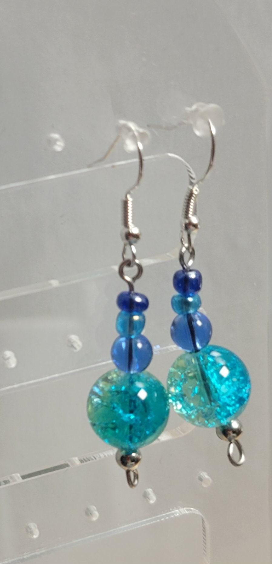 Glass bead dangle hook earrings in blues & greens