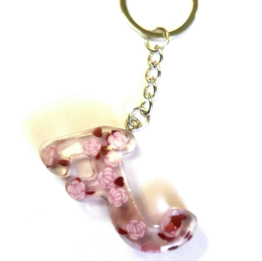 Personalizd 1.5" Resin Letter F Pink Floral & Heart Keychain with Tassel