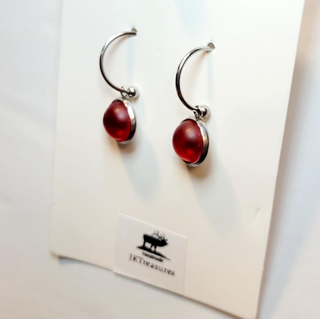 Red Crystal Sea Glass Rhinestone Dangle Drop Hoop Earrings