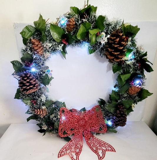 **SOLD** Handcrafted upcycled pre-lit 14" Christmas wreath door hanging wall decor