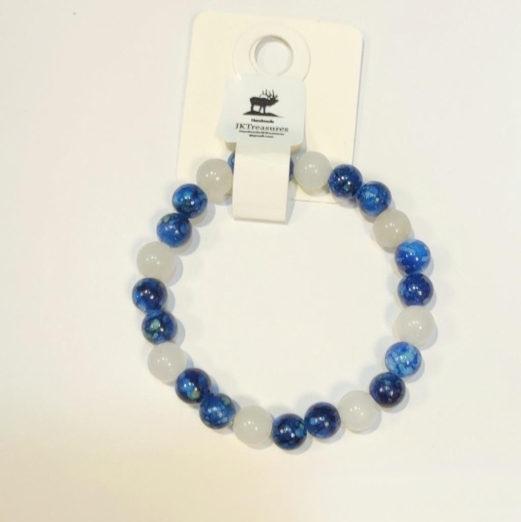Natural Crystal Blue Vein & Clear Quartz Beaded Bracelet 7"