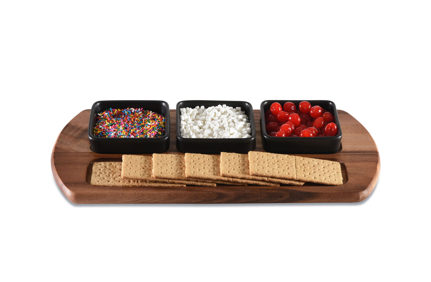 Charcuterie/ Serving Tray w/ 3 black square ceramic bowls