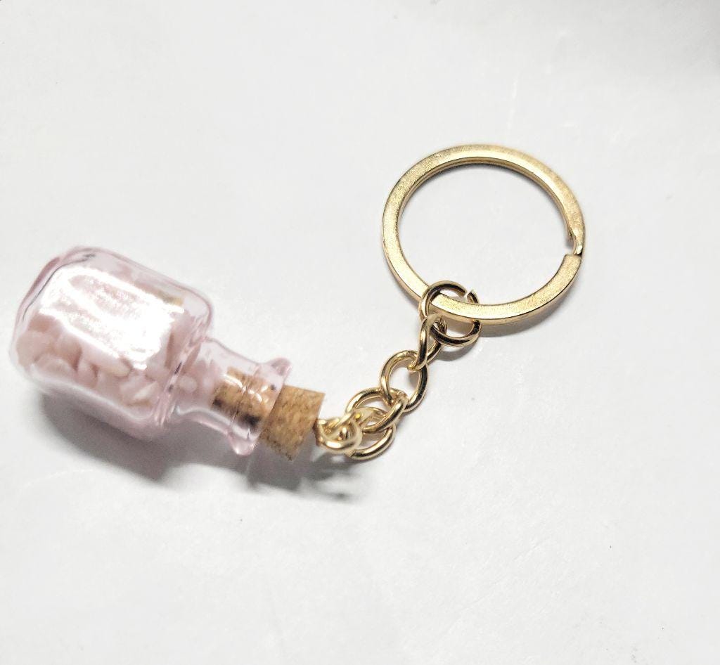Hand crafted natural pink opal crystal mini wish bottle keychain