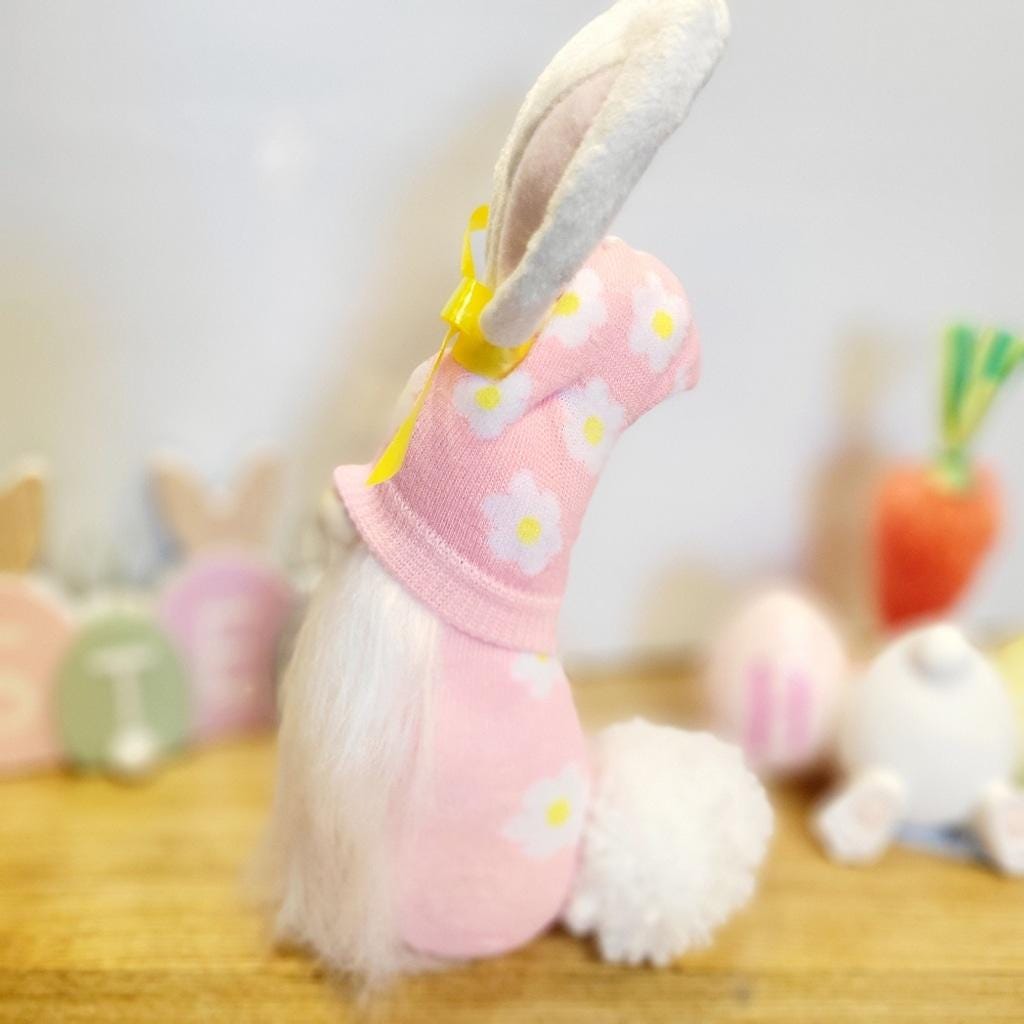 Pink Bunny Spring Gnome with Yellow Bow Decor 11"