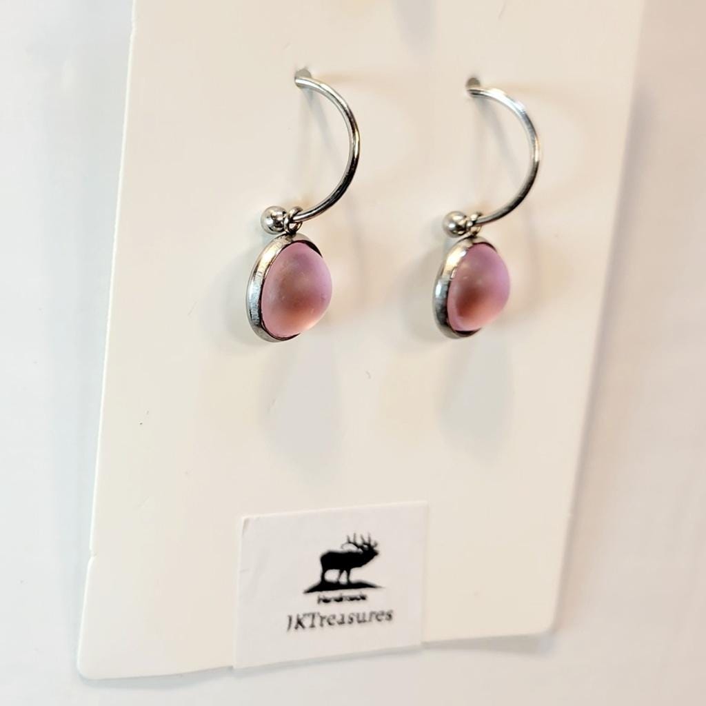 Pink Crystal Sea Glass Rhinestone Dangle Drop Hoop Earrings