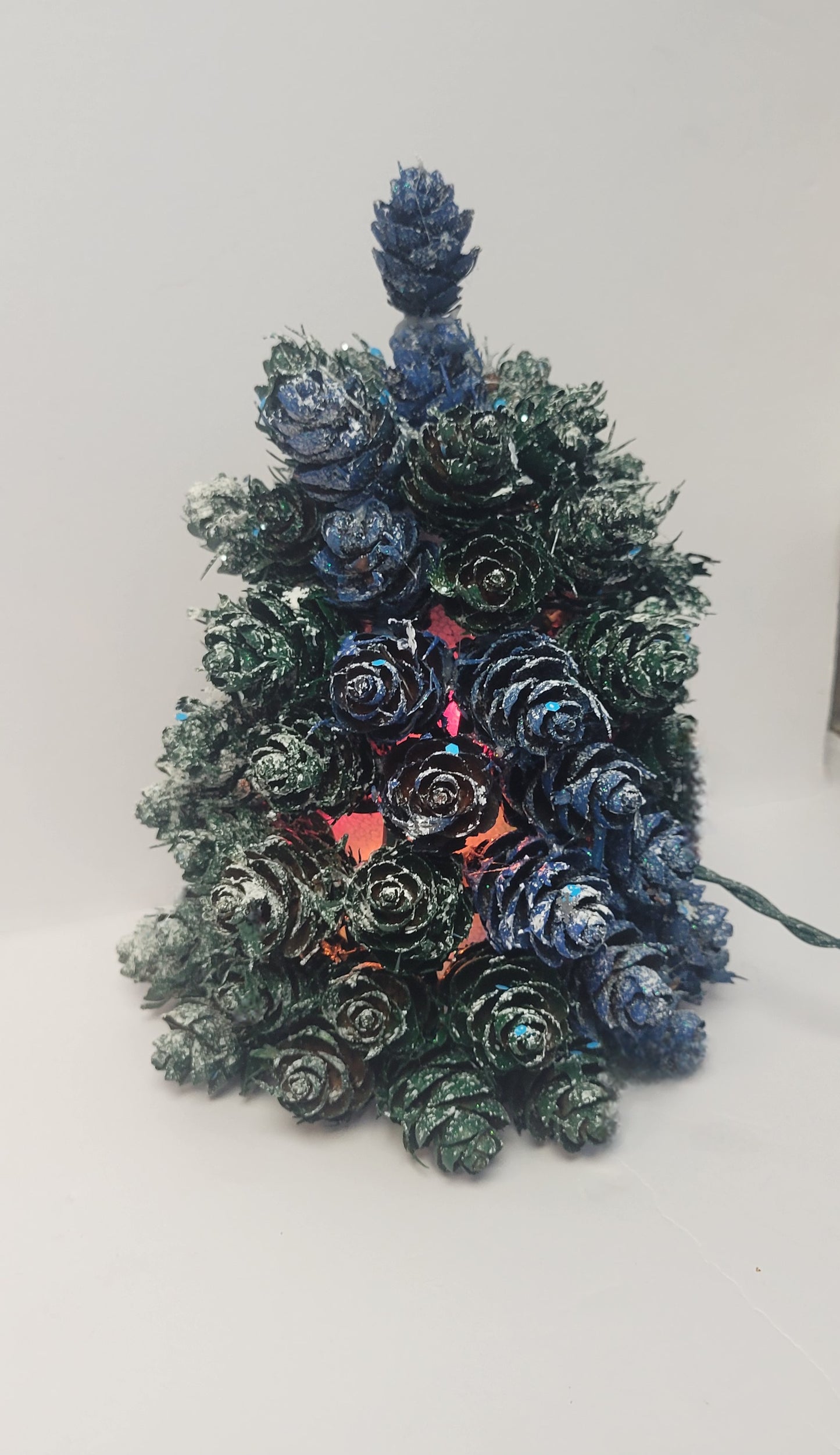 Artisan Pinecone Christmas Tree with Lights | Handpainted Frosted Indigo & Emerald Tabletop Decor | Unique Holiday Gift
