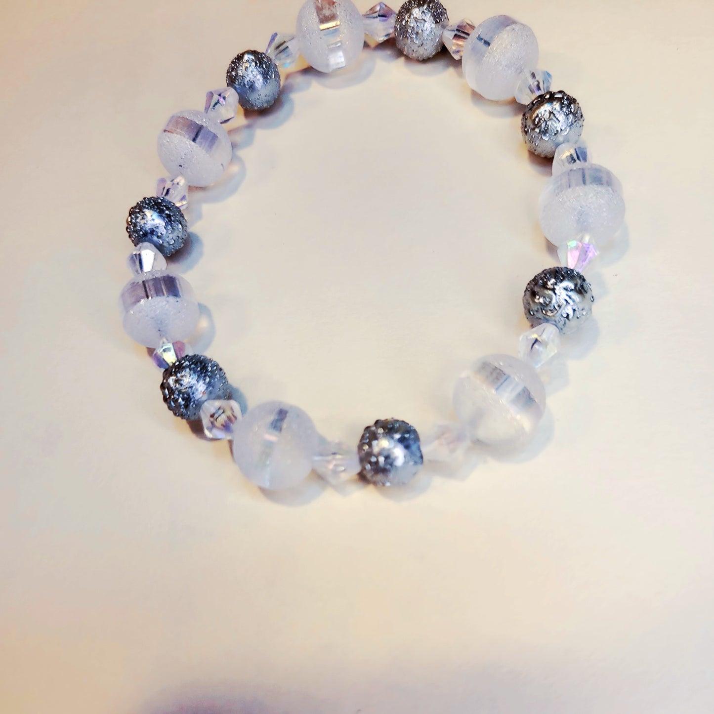 Matte silver striped crystal beaded bracelet 8mm 8-inch