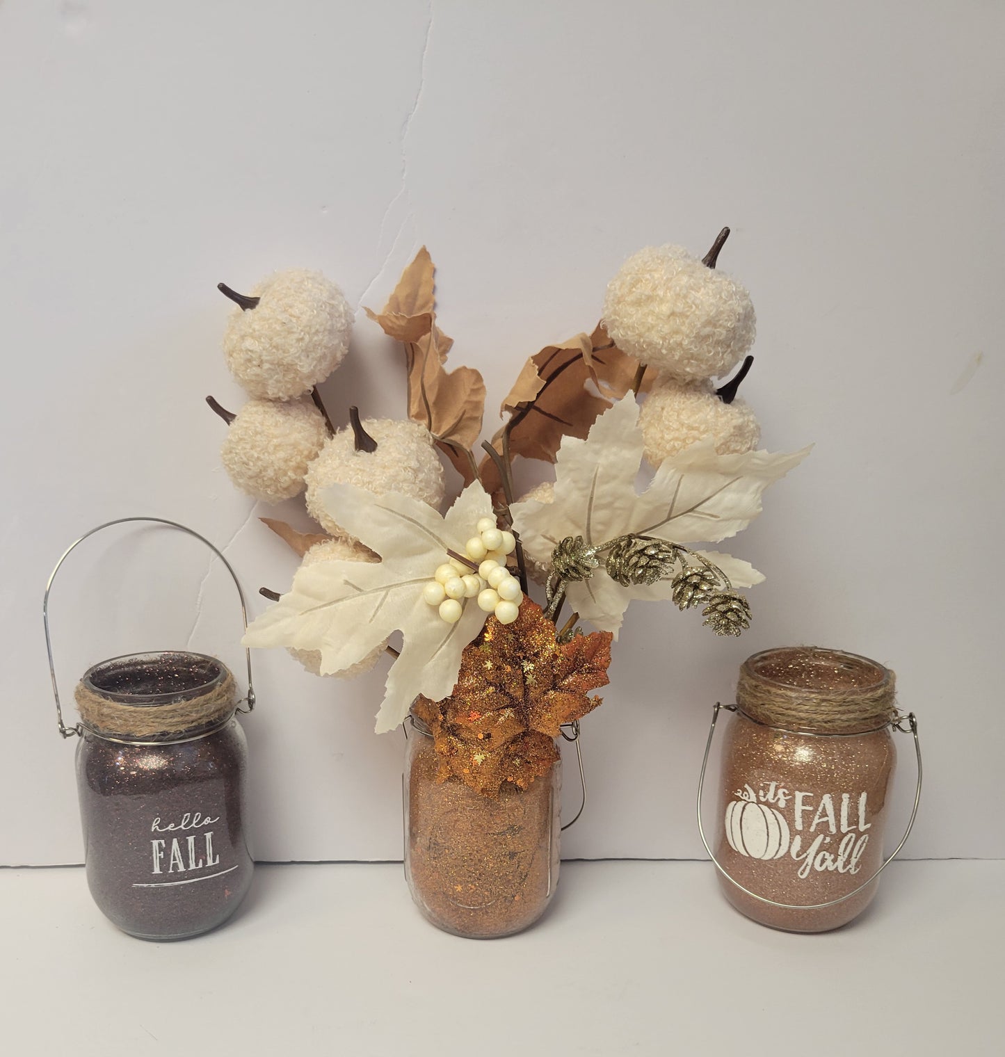 Glitter Fall Autumn Mason Jars Set Of 3 Centerpiece Table Decor