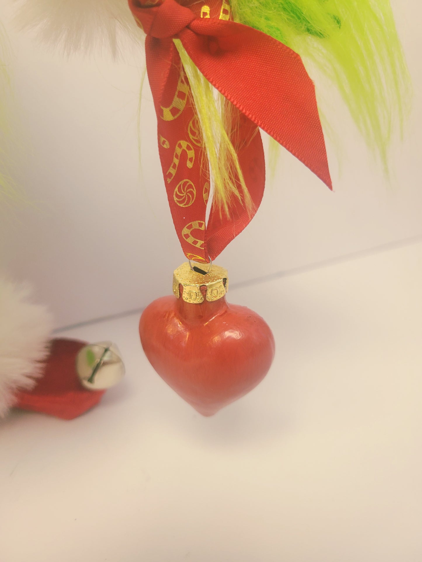 Handmade Grinch Santa Gnome, 18.5" Holiday Decor, Luxury Velvet & Faux Fur with Hand-Painted Heart Ornament