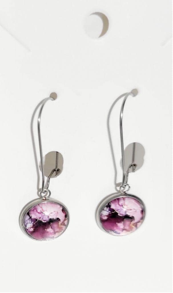 Handmade purple watercolor cabochon latch hook dangle drop earrings