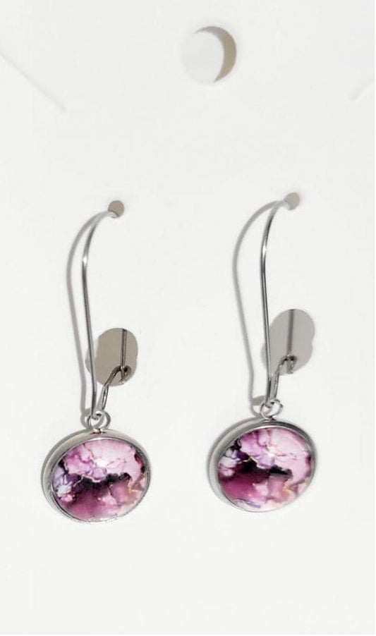 Handmade purple watercolor cabochon latch hook dangle drop earrings