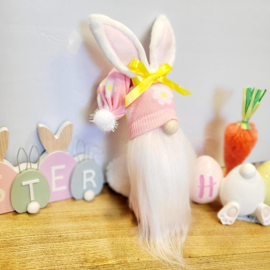 Pink Bunny Spring Gnome with Yellow Bow Decor 11"