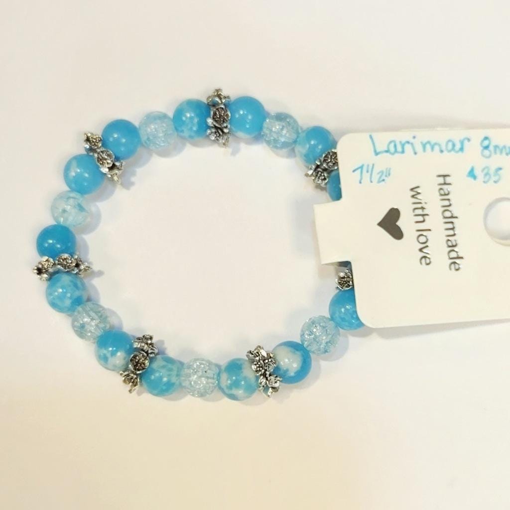 Rare Natural Crystal Larimar Beaded Bracelet 7.5"