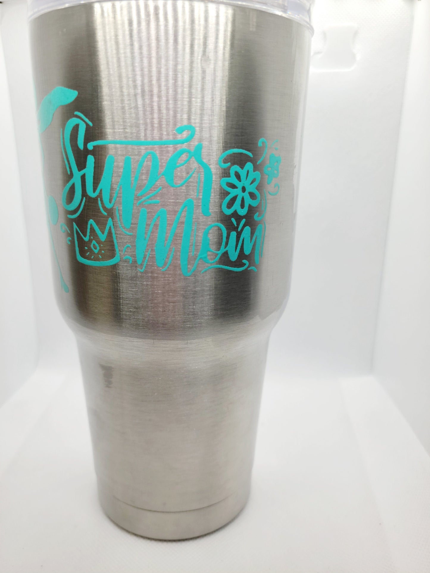Handpainted Super Mom Stainless Steel Tumbler - Aqua 27 oz