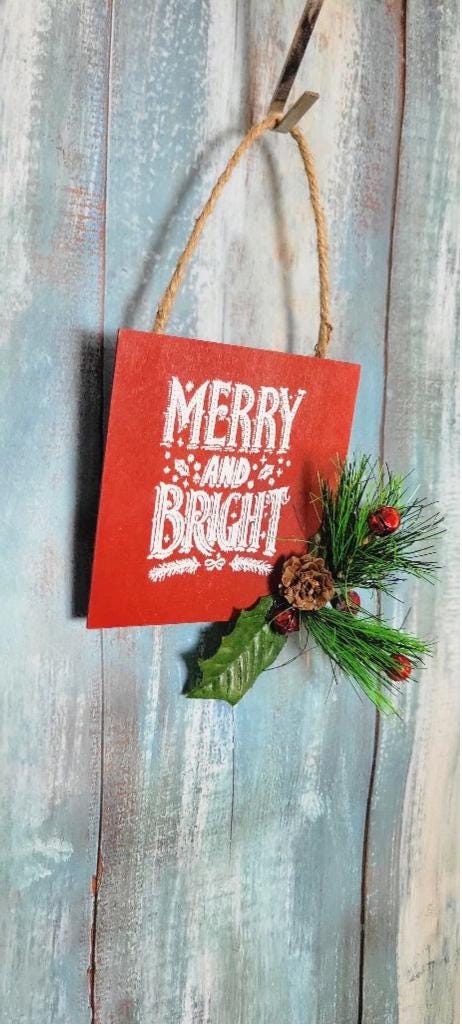 Merry and Bright with mistletoe Christmas wall hanging art