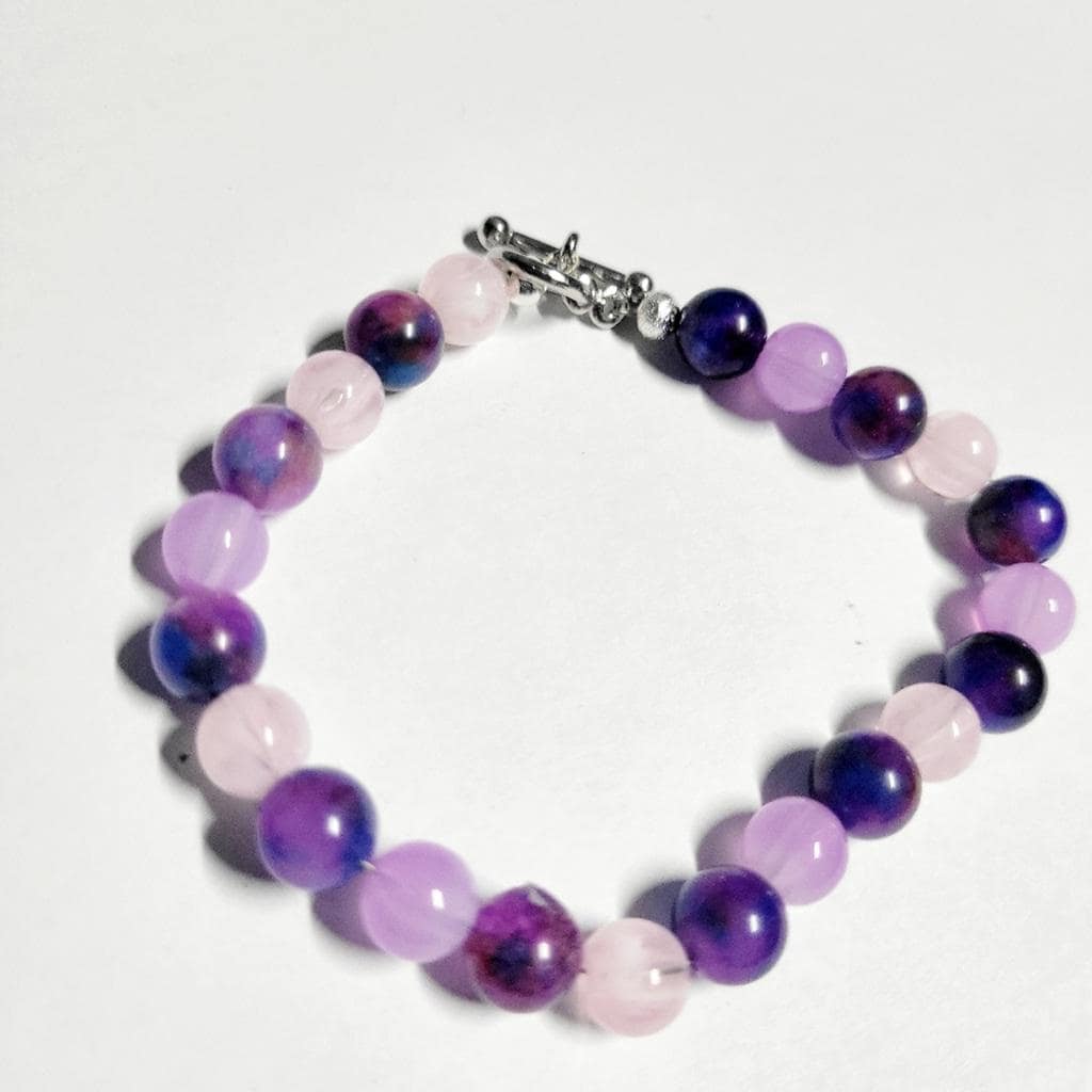 Natural Sugilite Rose Quartz Amethyst Crystsls Beaded Wire Bracelet Toggle Clasp 8" Hand Crafted
