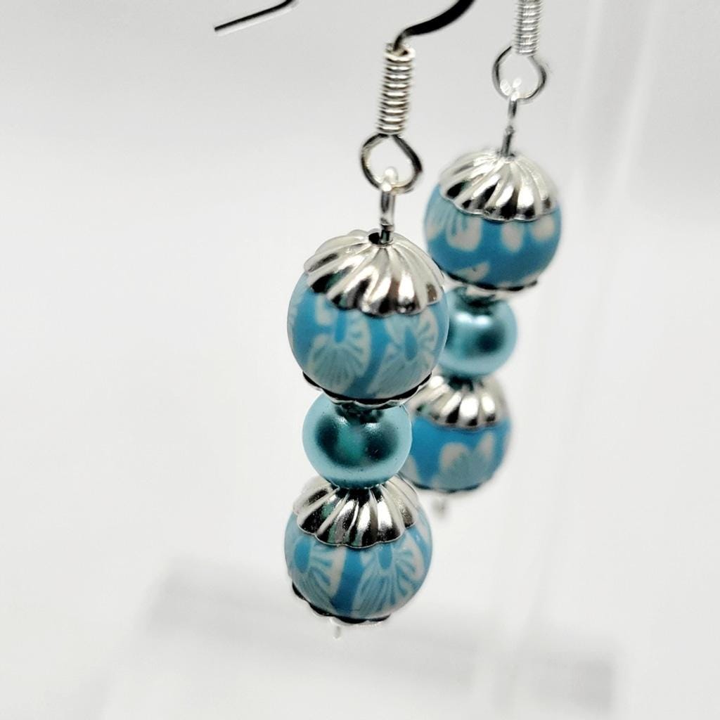 Blue & white dangle drop earrings handmade