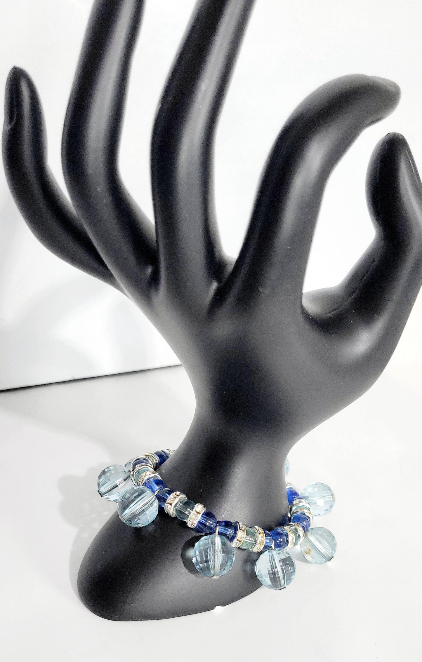 Blue glass beaded bracelet with rhinestone accents