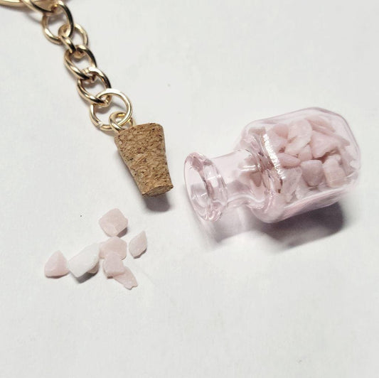 Hand crafted natural pink opal crystal mini wish bottle keychain