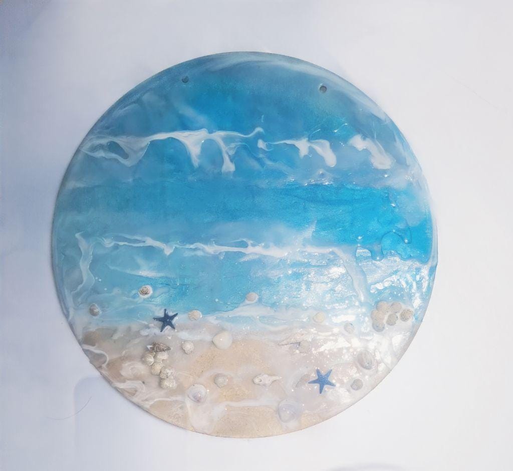 12" Resin Coastal beach ocean nautical scene wood disc