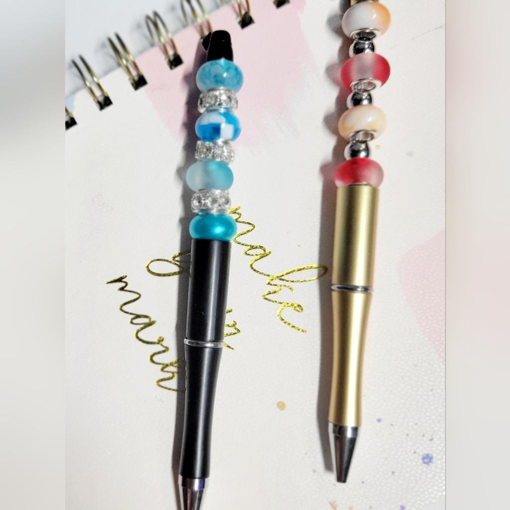 Set of 3x Large Beaded Pens in Black, White, and Gold Hand Crafted