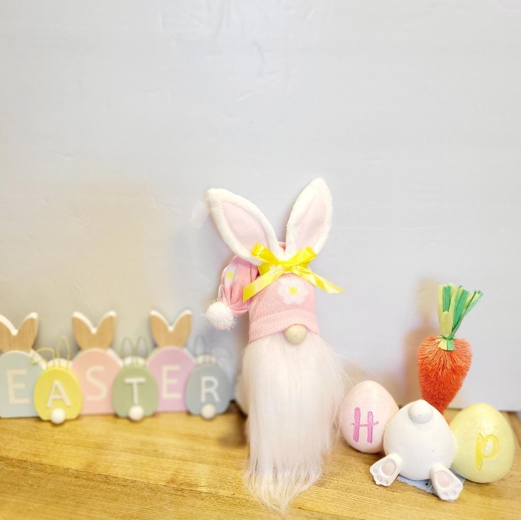 Pink Bunny Spring Gnome with Yellow Bow Decor 11"