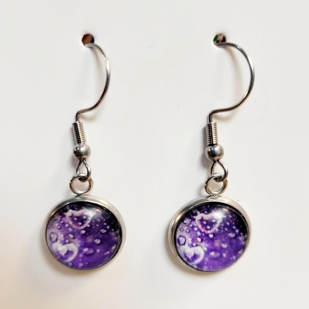 Purple heart bubble dangle drop earrings