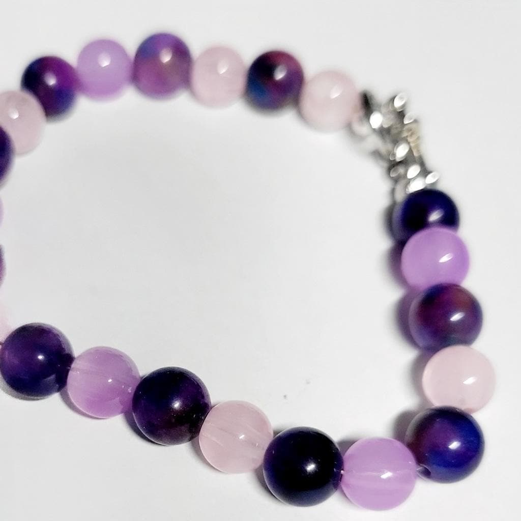 Natural Sugilite Rose Quartz Amethyst Crystsls Beaded Wire Bracelet Toggle Clasp 8" Hand Crafted