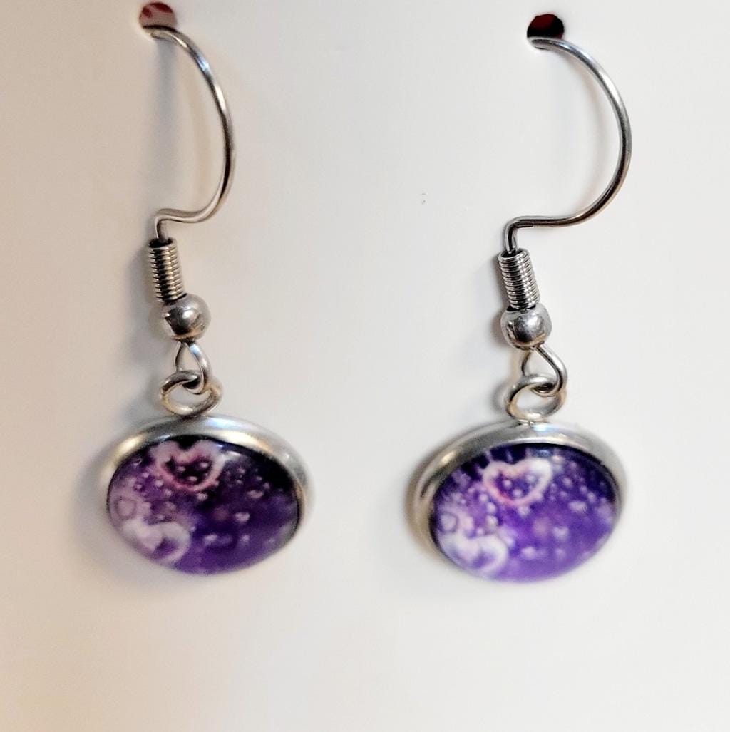 Purple heart bubble dangle drop earrings