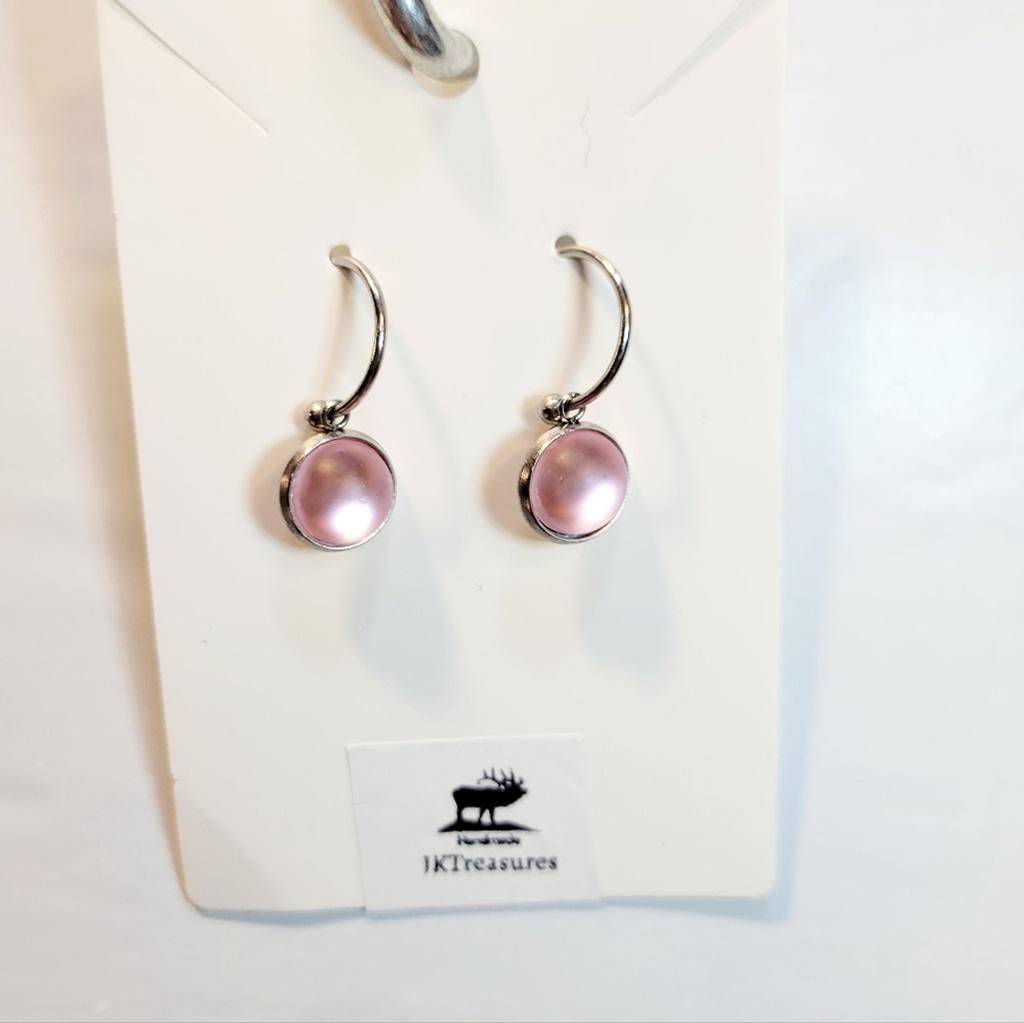 Pink Crystal Sea Glass Rhinestone Dangle Drop Hoop Earrings