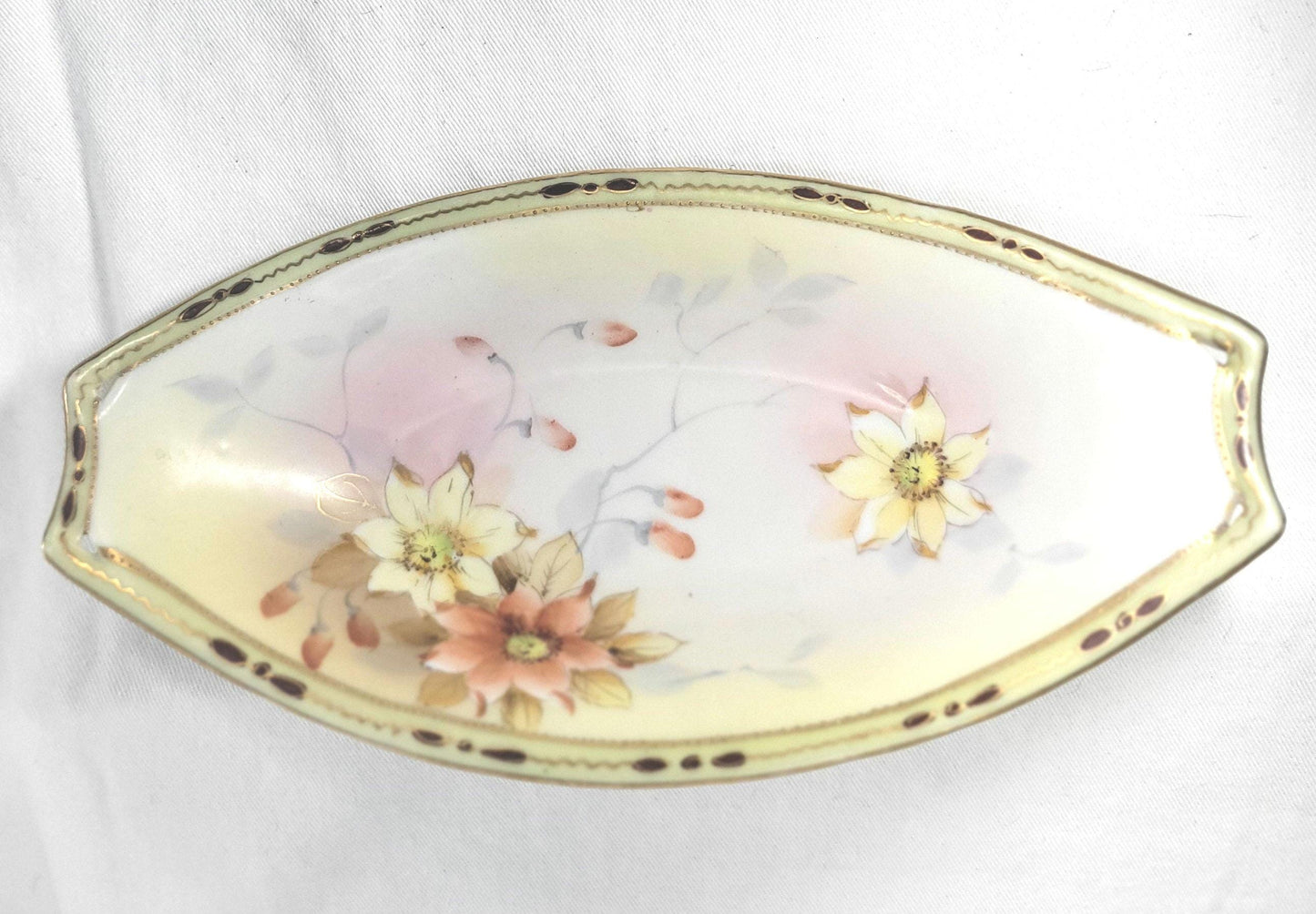 Antique Nippon handpainted floral porcelain relish dish