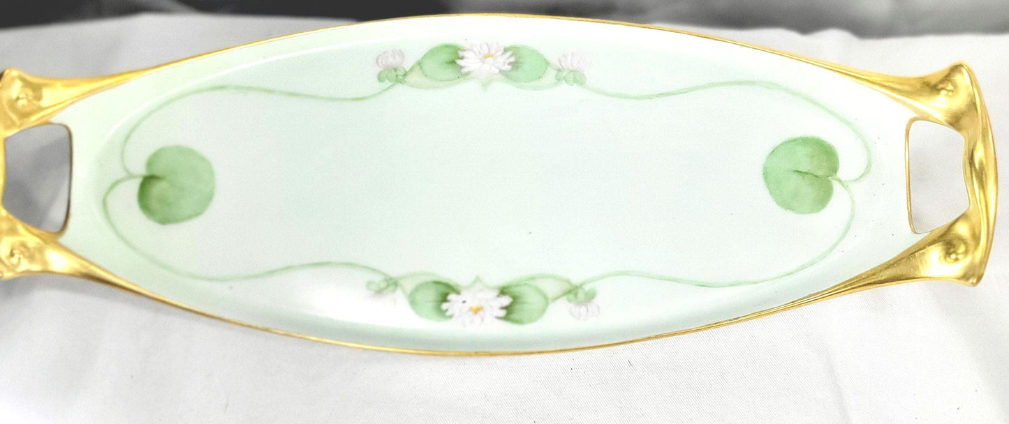 Antique RC Bavaria Germany handpainted porcelain green and gold serving tray