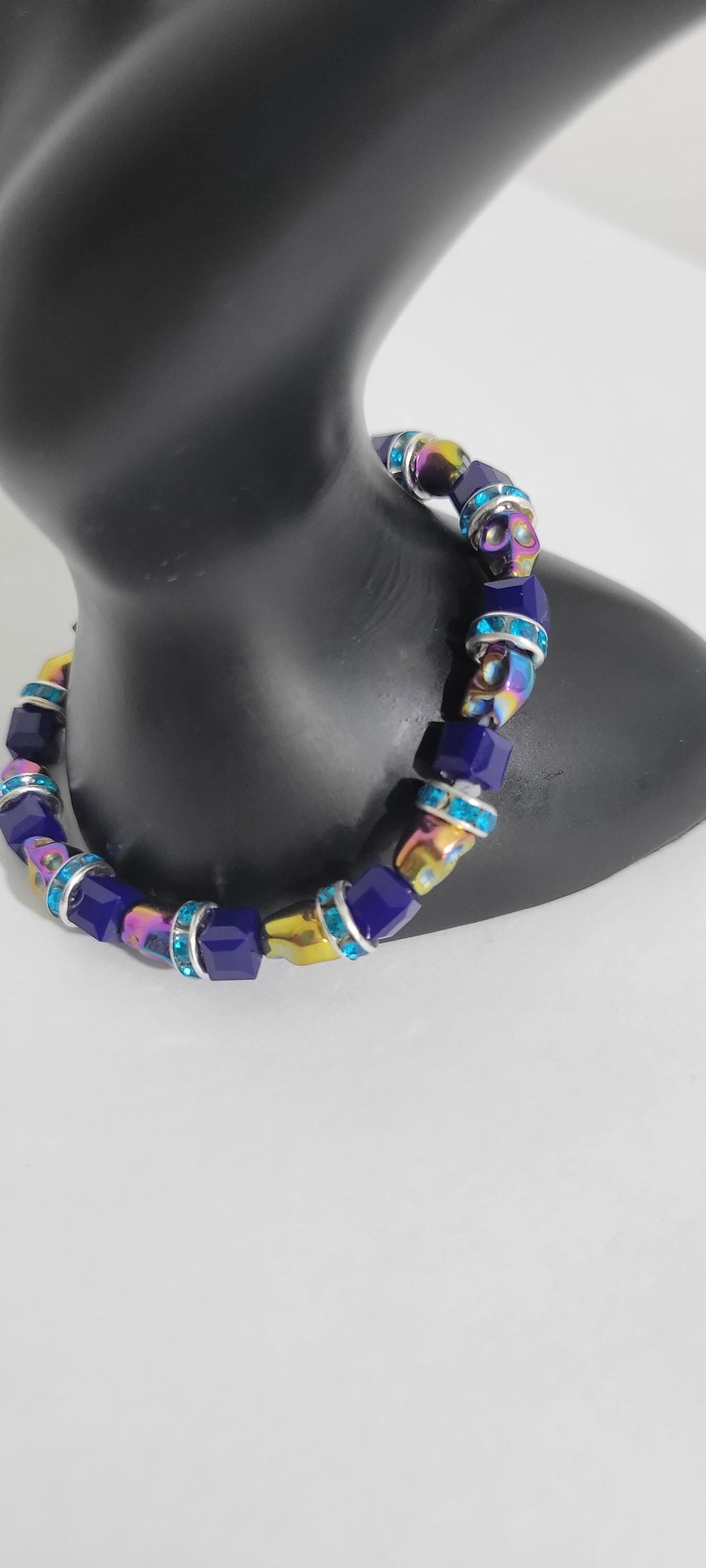 Hand crafted Halloween iridescent skull beaded bracelet