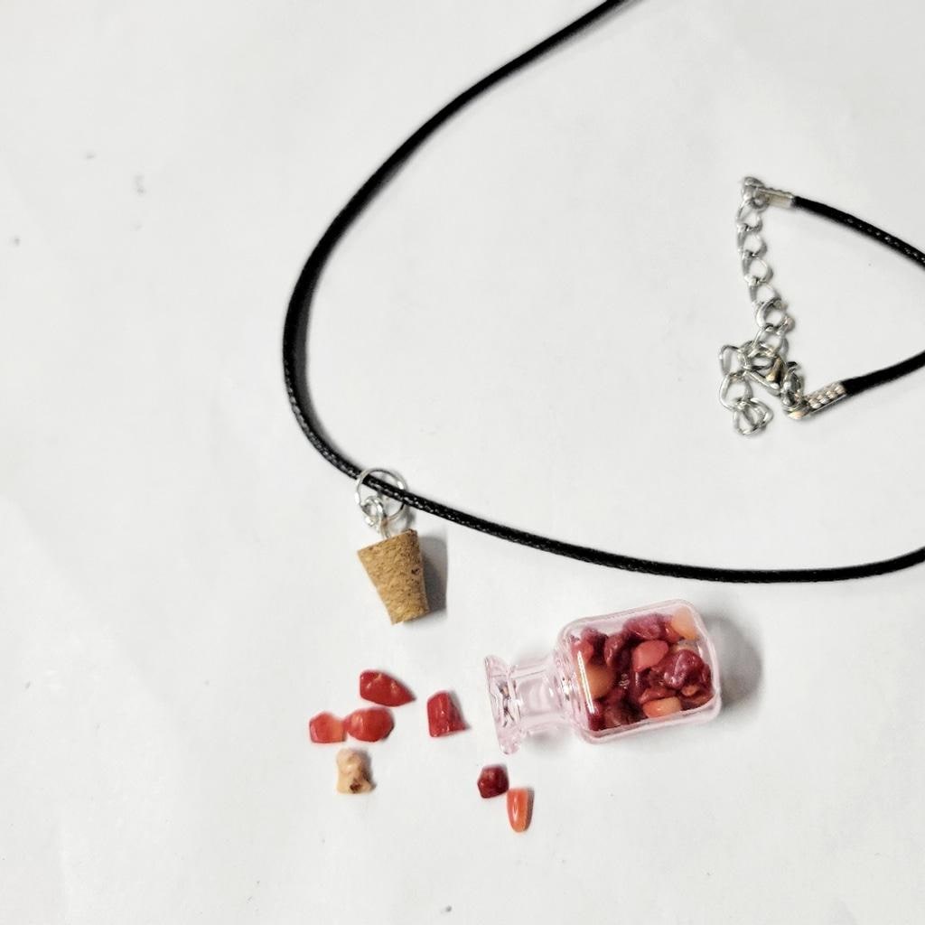 Hand crafted natural red coral crystal mini wish bottle pendant necklace