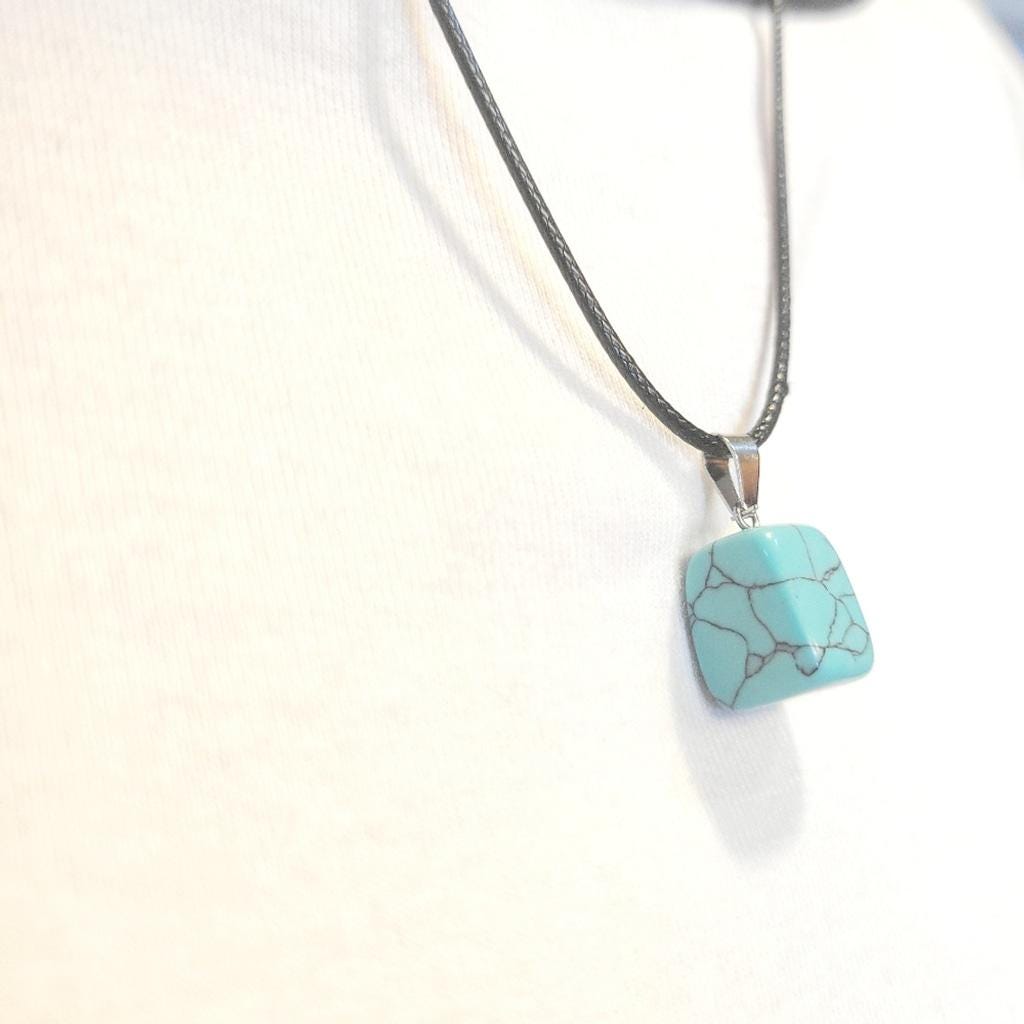 Natural Amazonite Crystal Cube Pendant Necklace