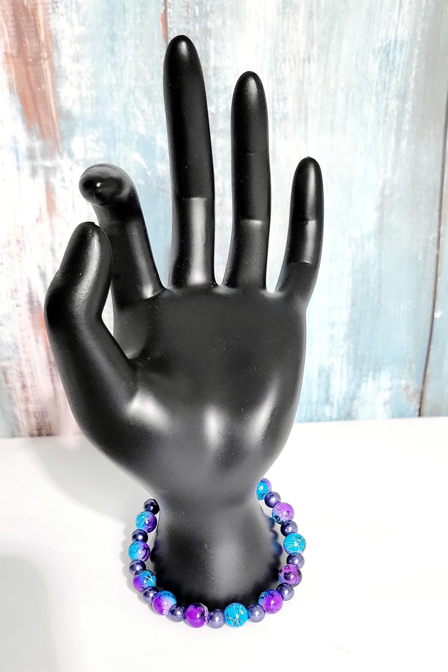 Hand crafted purple and blue acrylic bead and purple glass beaded bracelet