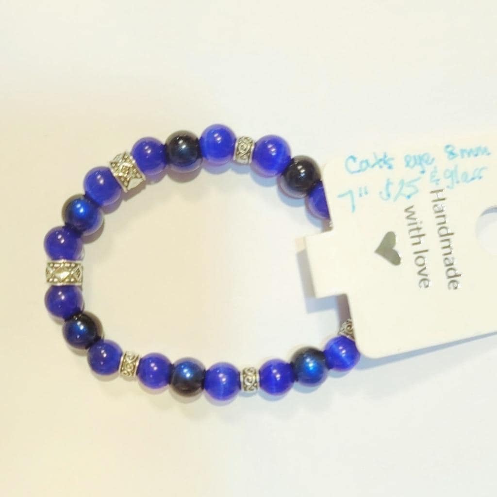 Natural Crystal Cat's Eye & Glass Beaded Bracelet 7"