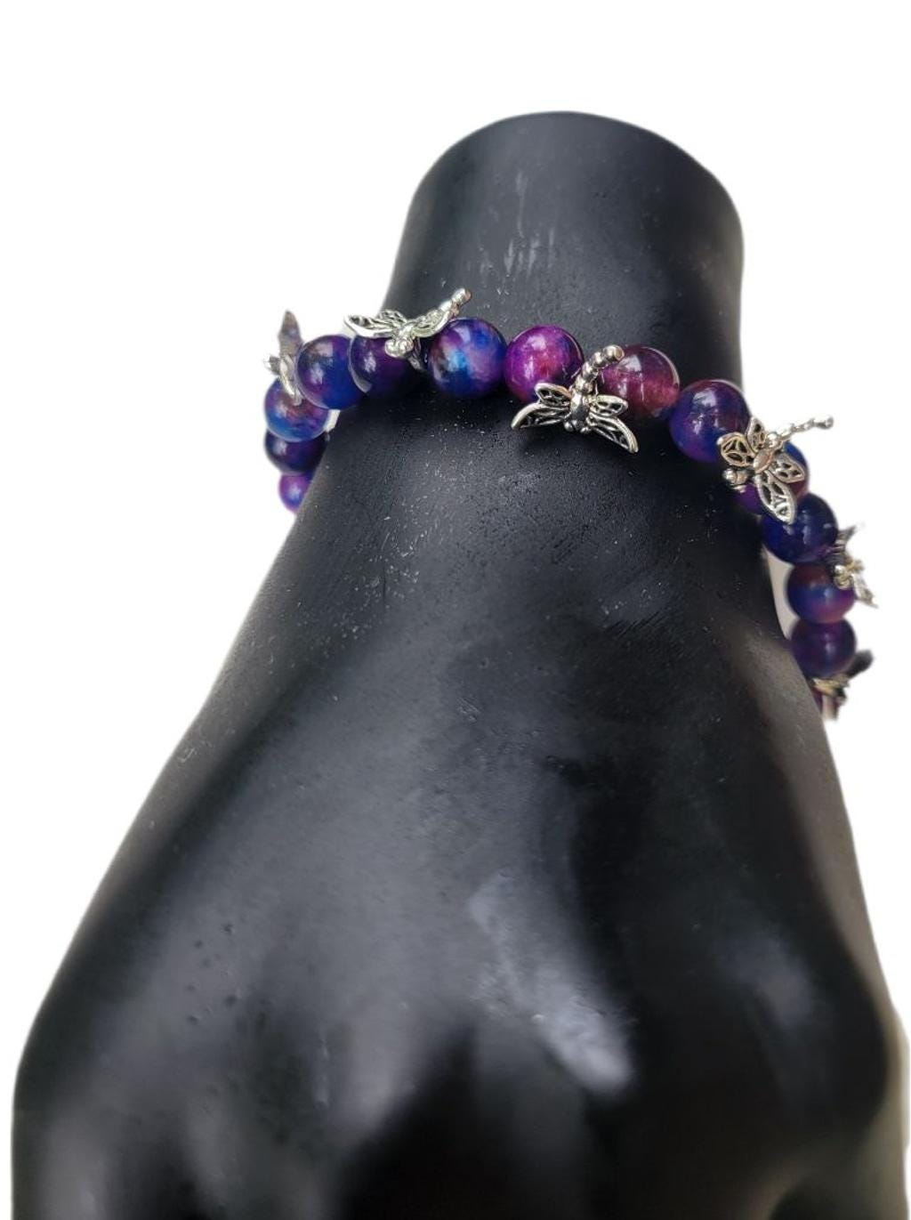 Natural Sugilite crystal silver dragonfly beaded bracelet 7.5"