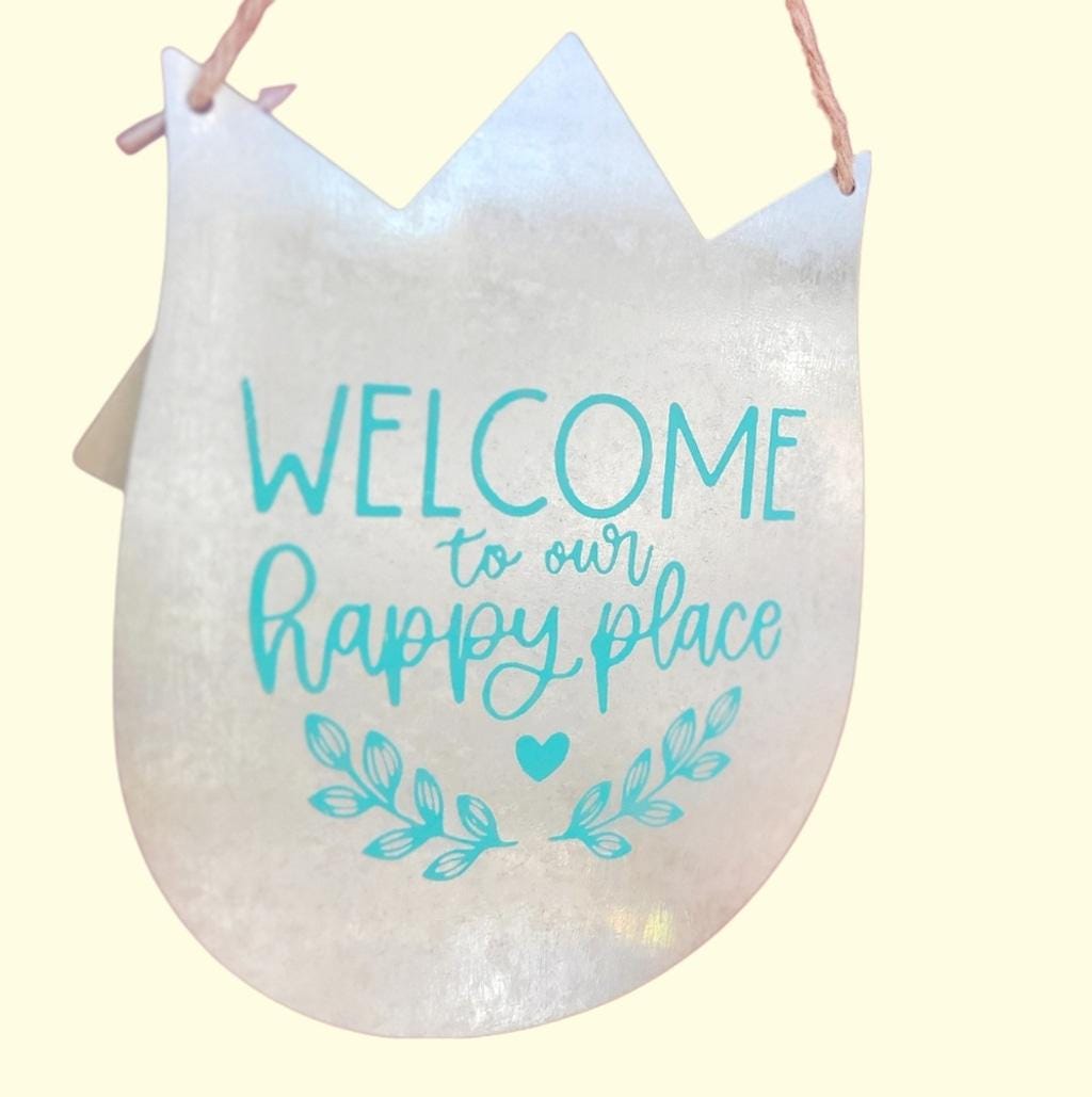Galvanized Steel Tulip With Blue Welcome To Our Happy Place Door Hanging