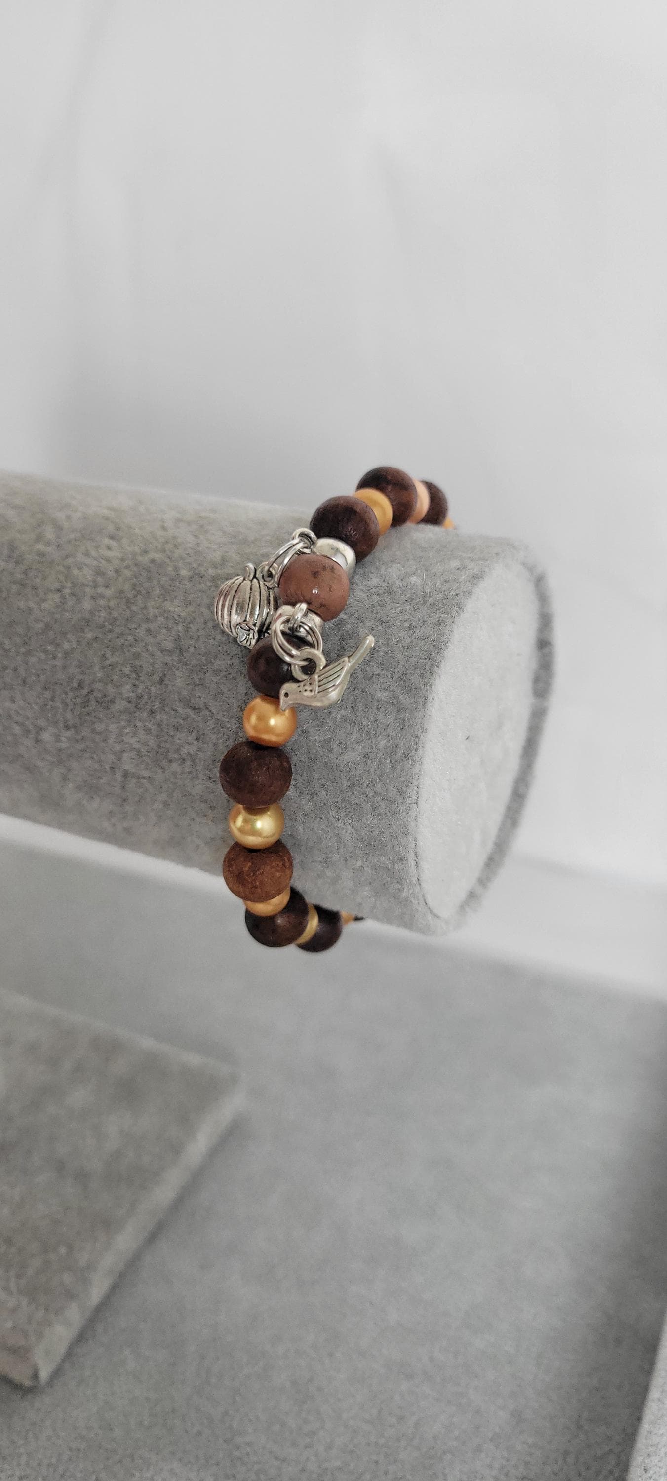 Autumn Fall glass and wood beaded pumpkin and bird charm bracelet
