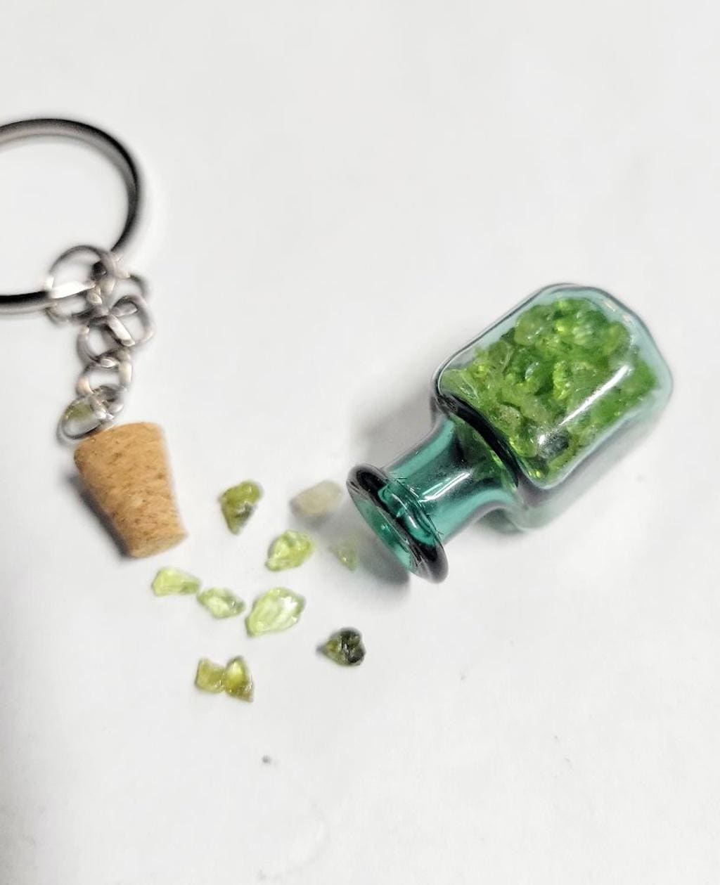 Hand crafted natural Olivine crystal mini wish bottle pendant keychain