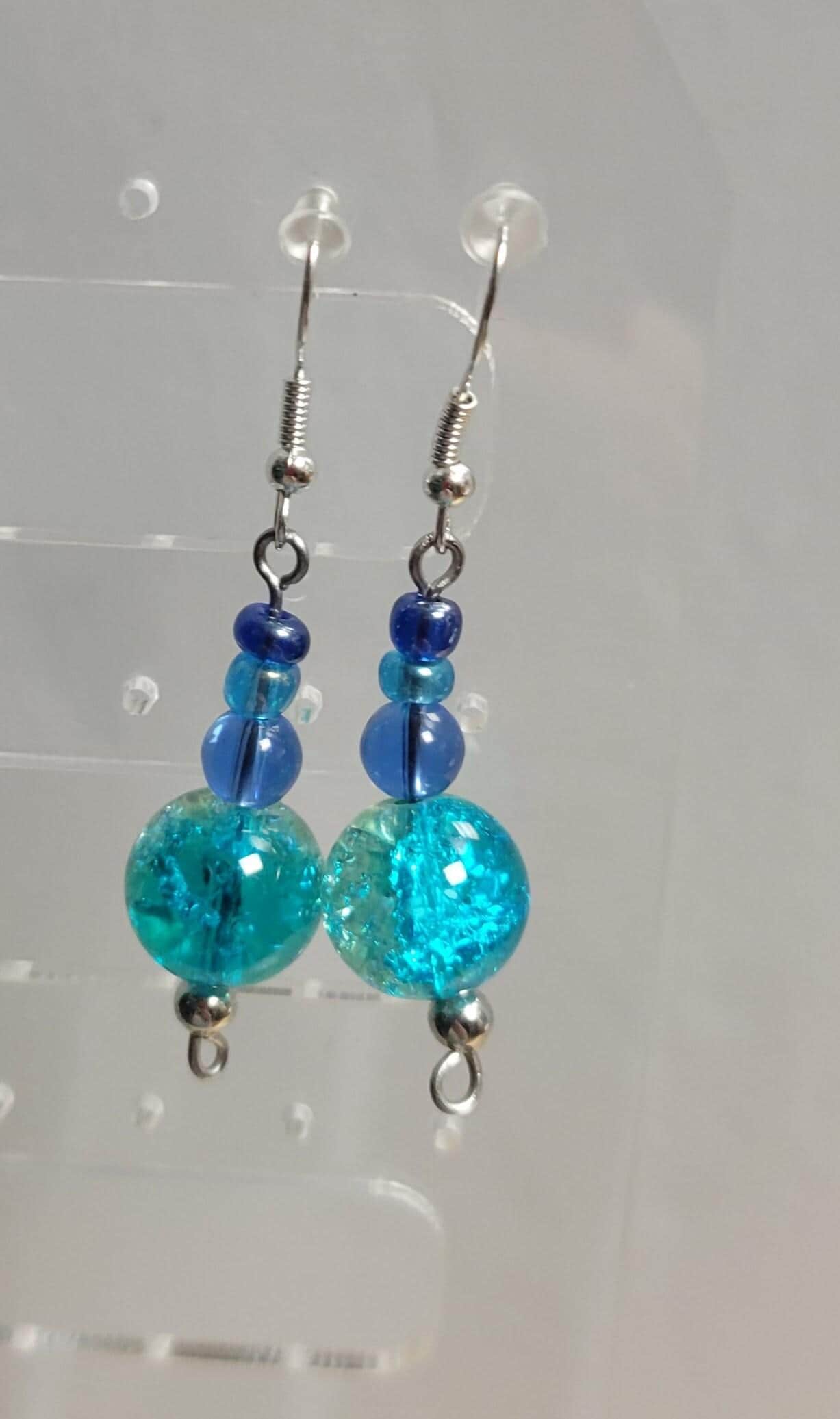 Glass bead dangle hook earrings in blues & greens