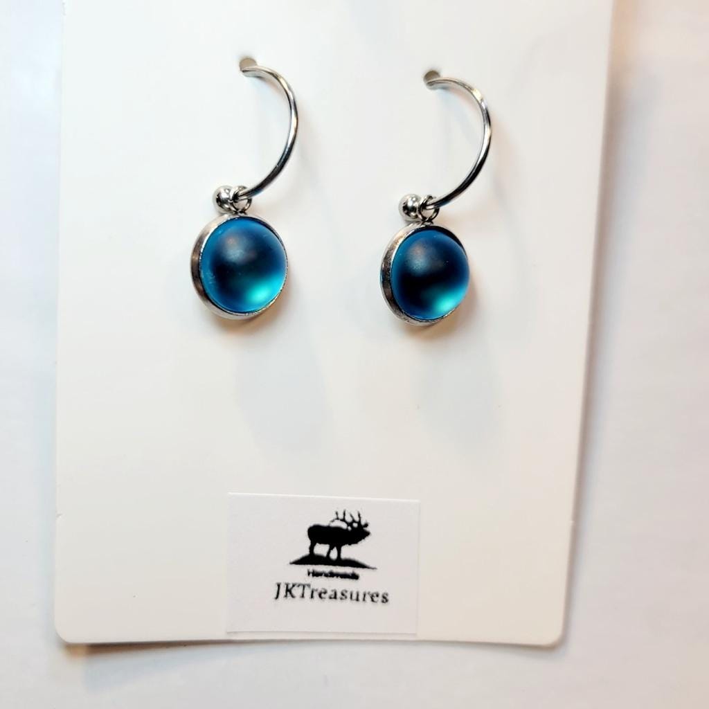 Sea Blue Crystal Sea Glass Rhinestone Dangle Drop Hoop Earrings