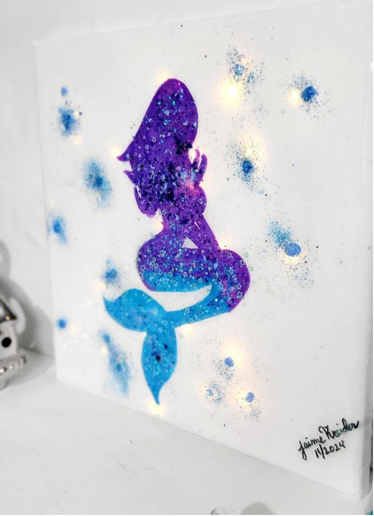 Hand crafted handpainted mermaid abstract glitter and crushed glass resin canvas