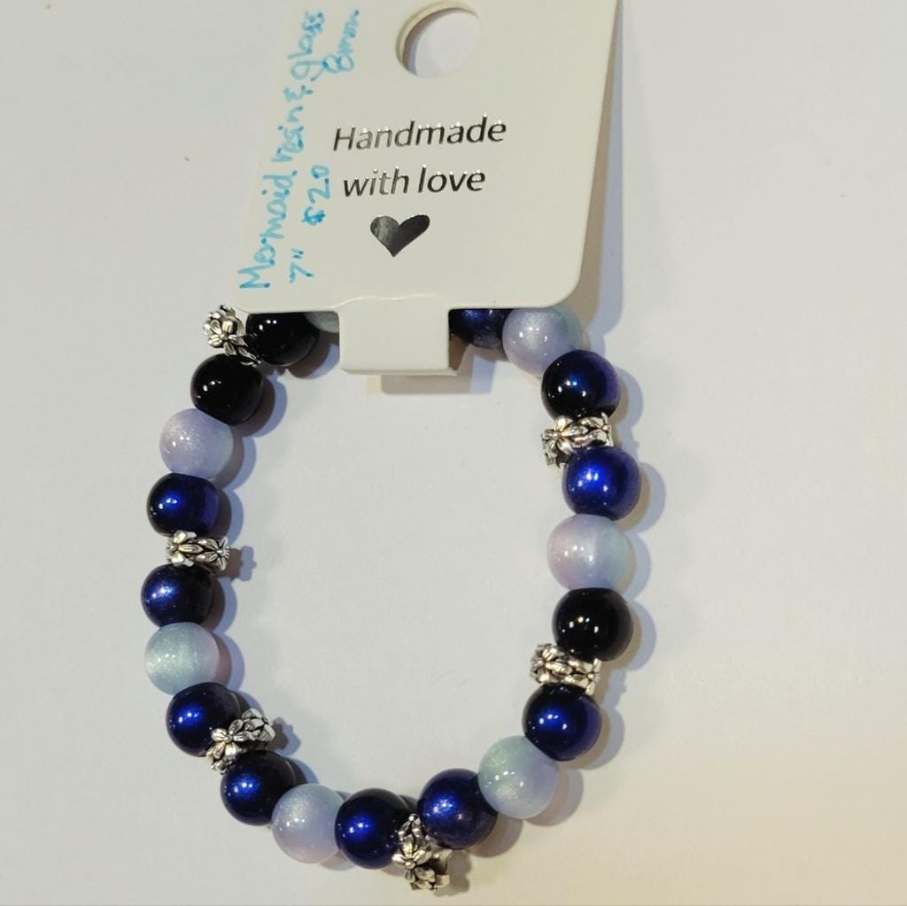 Mermaid Resin & Glass Beaded Silver Flower Spacers 7" Bracelet