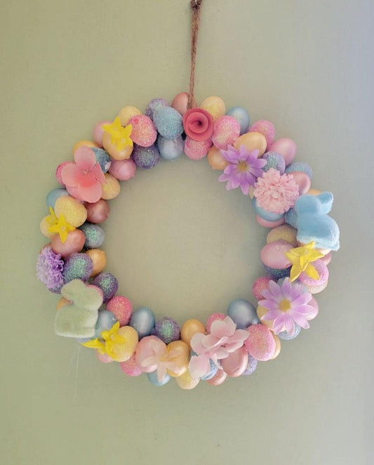 Handmade 12" Easter Spring wreath with artificial eggs, flowers & rabbits