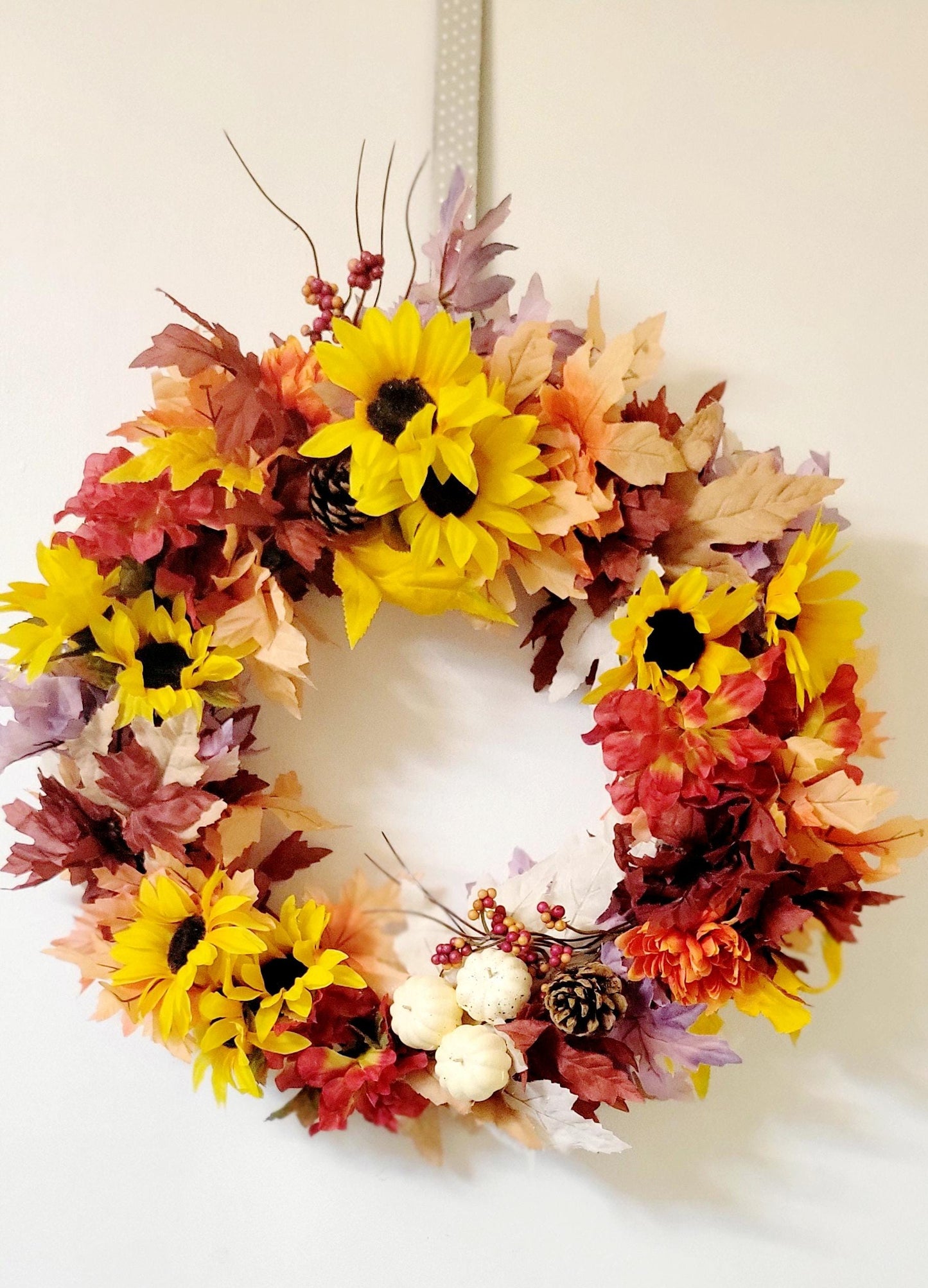 Hand Crafted Festive Fall Autumn Thanksgiving Wreath Door Hanging with Sunflowers and Pinecones