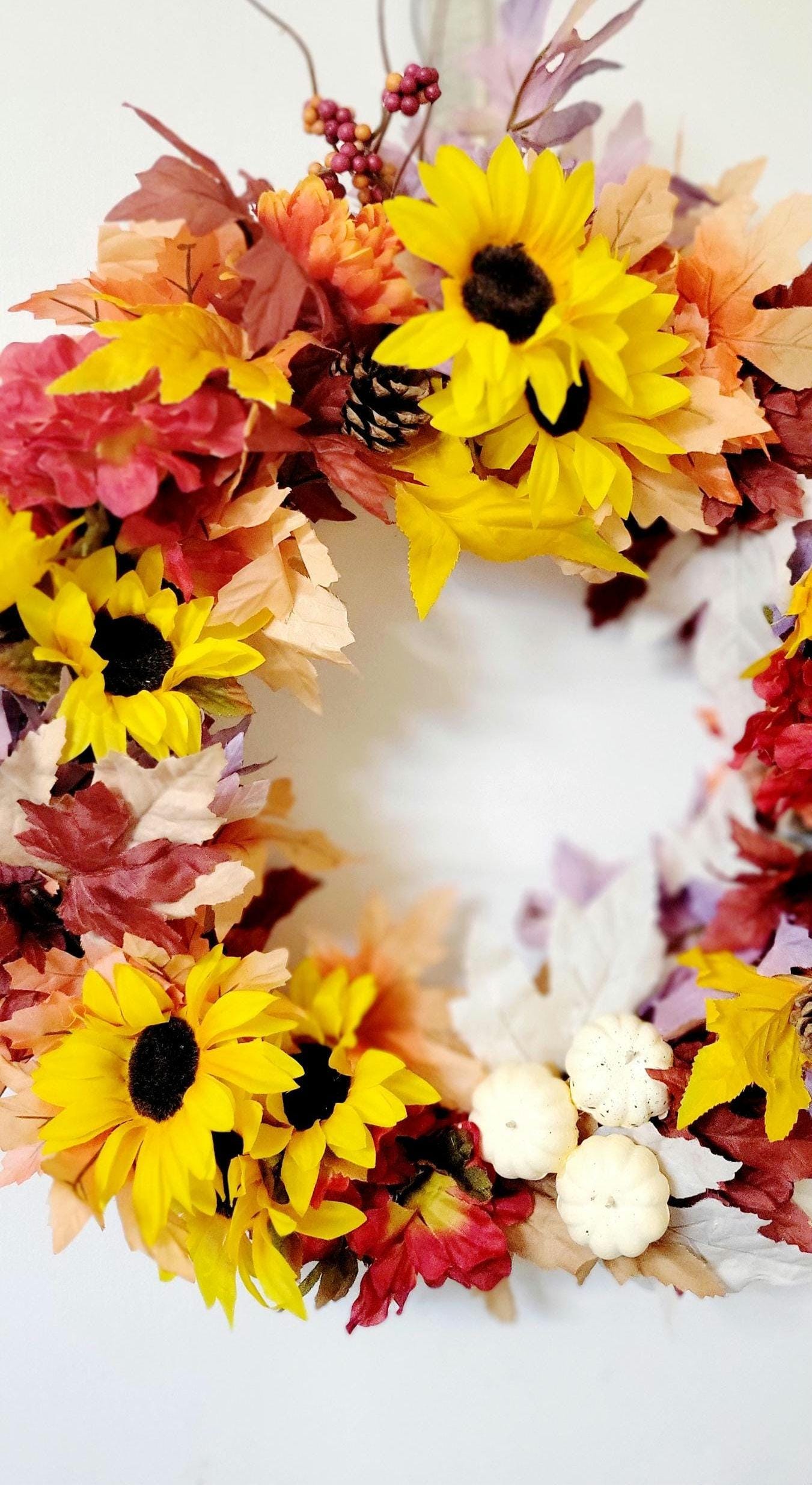 Hand Crafted Festive Fall Autumn Thanksgiving Wreath Door Hanging with Sunflowers and Pinecones