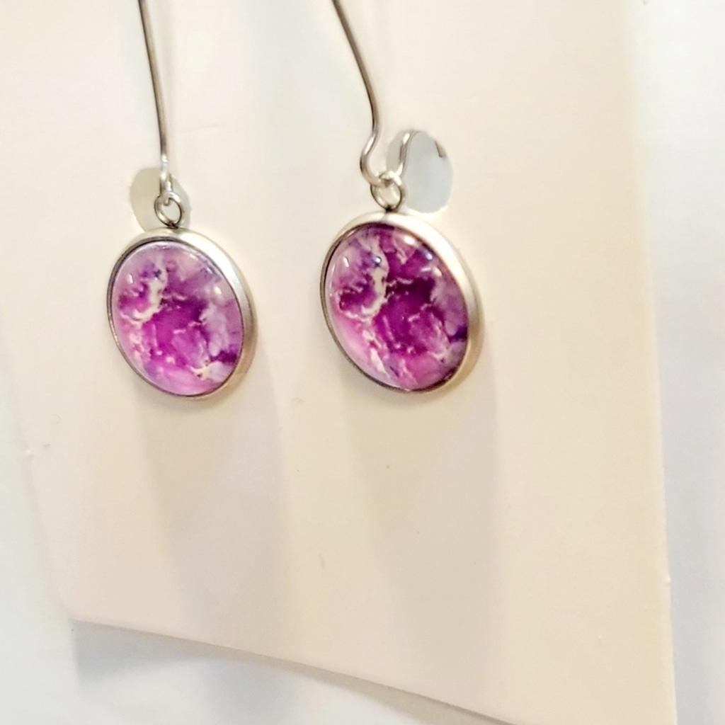 Pink Abstract and Silver Drop Earrings